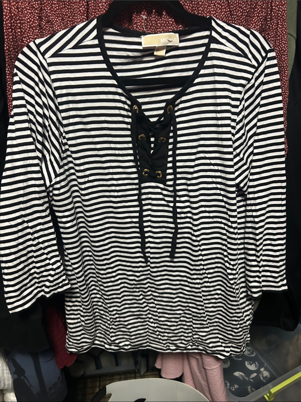 Michael Kors Black & White Striped Lace-Up Long Sleeve Tee